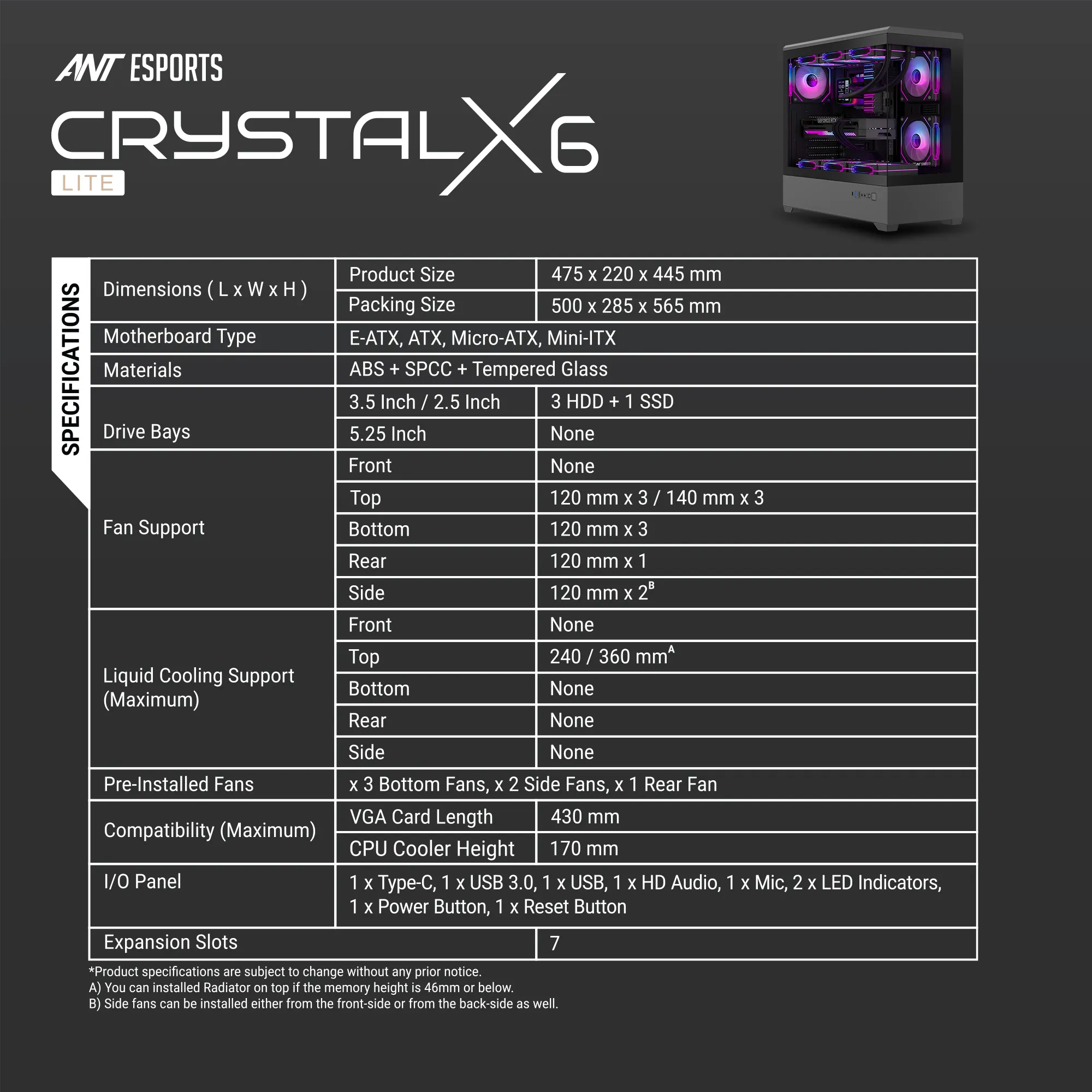 Ant Esports Gaming Cabinet Crystal X6 Lite (E-ATX, ATX, Micro-ATX, Mini-ITX) view 5